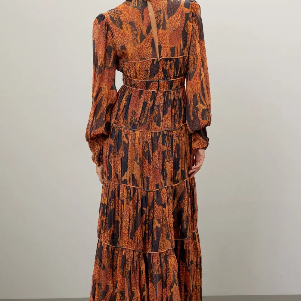 FARM Rio Orange and Black Tiered Sundress with Bishop Sleeves